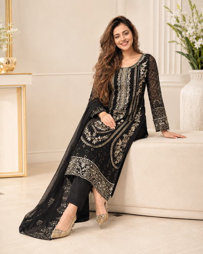 Royal Charcoal Pure Chiffon Kora Dabka Heavy Work Suit