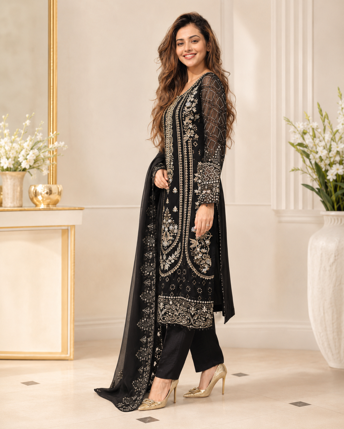 Royal Charcoal Pure Chiffon Kora Dabka Heavy Work Suit
