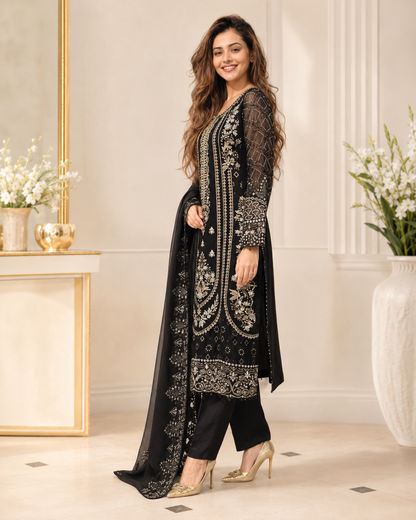 Royal Charcoal Pure Chiffon Kora Dabka Heavy Work Suit
