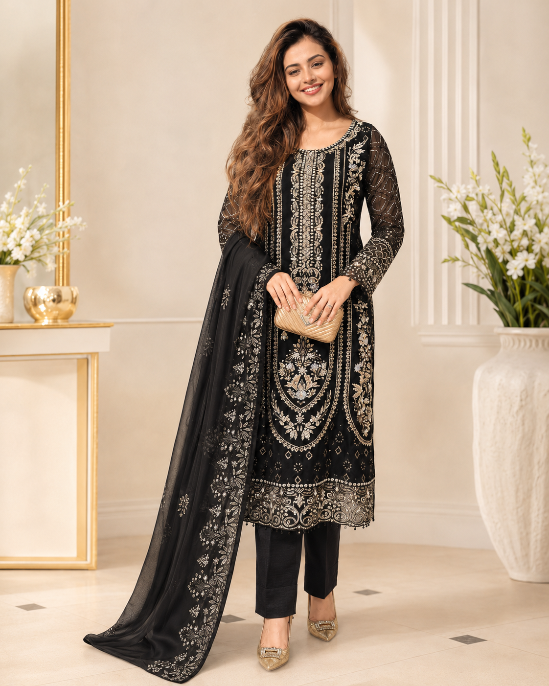 Royal Charcoal Pure Chiffon Kora Dabka Heavy Work Suit