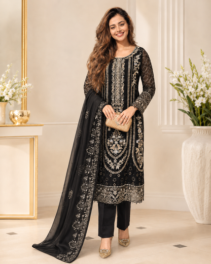 Royal Charcoal Pure Chiffon Kora Dabka Heavy Work Suit