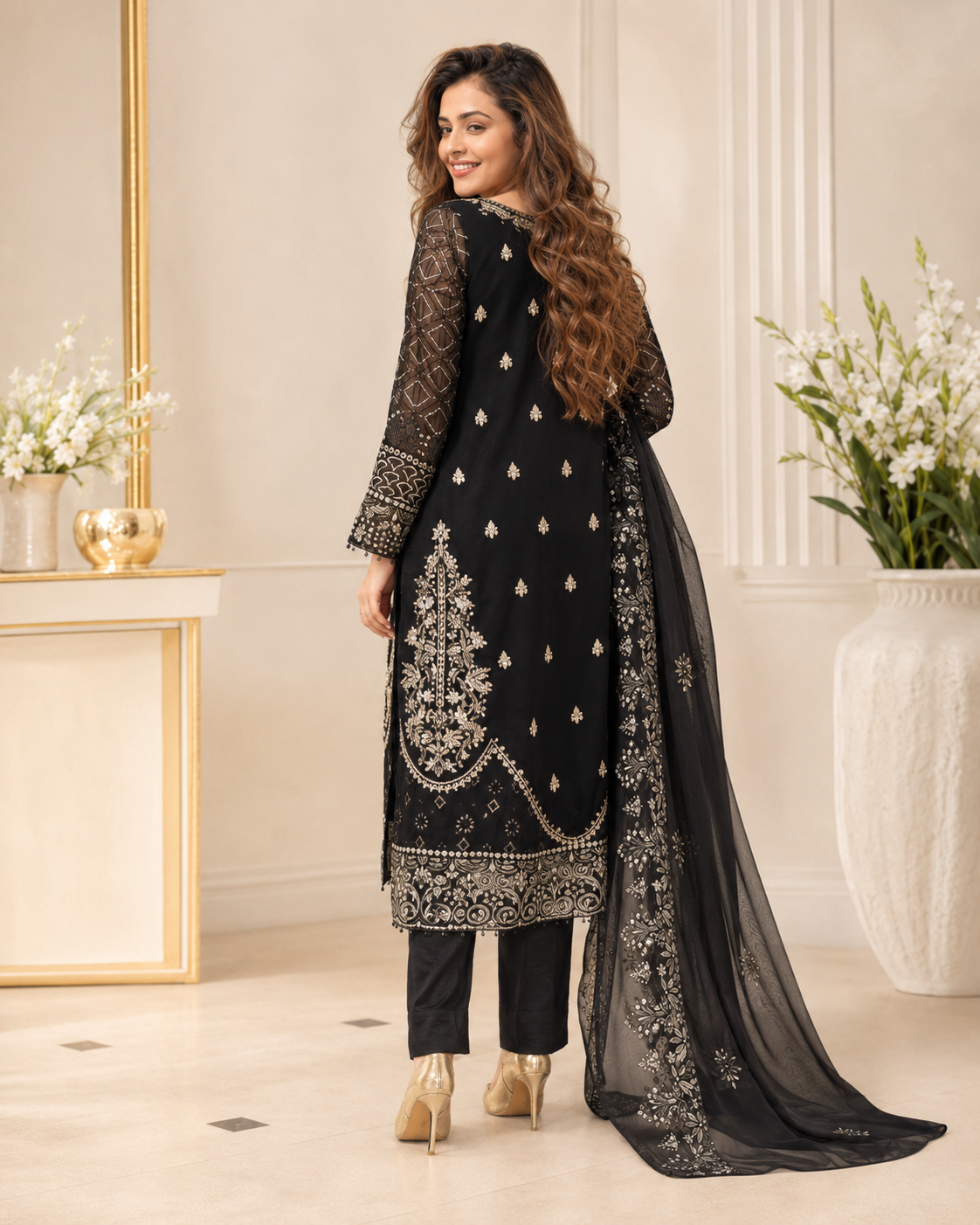 Royal Charcoal Pure Chiffon Kora Dabka Heavy Work Suit