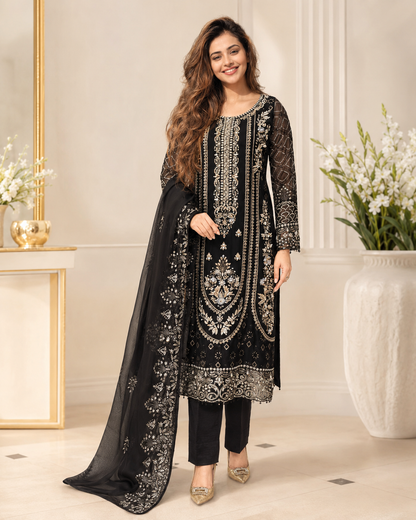Royal Charcoal Pure Chiffon Kora Dabka Heavy Work Suit