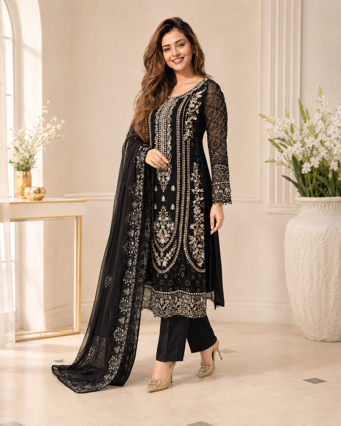Royal Charcoal Pure Chiffon Kora Dabka Heavy Work Suit