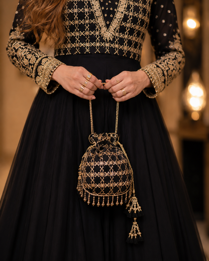 Siyah-e-Zar Black Embroidered Chiffon Flared Frock with Dupatta & Potli Bag