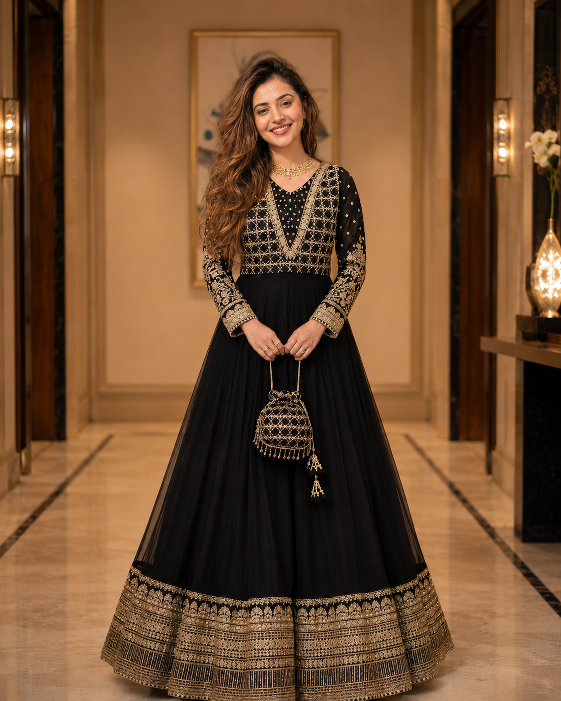 Siyah-e-Zar Black Embroidered Chiffon Flared Frock with Dupatta & Potli Bag