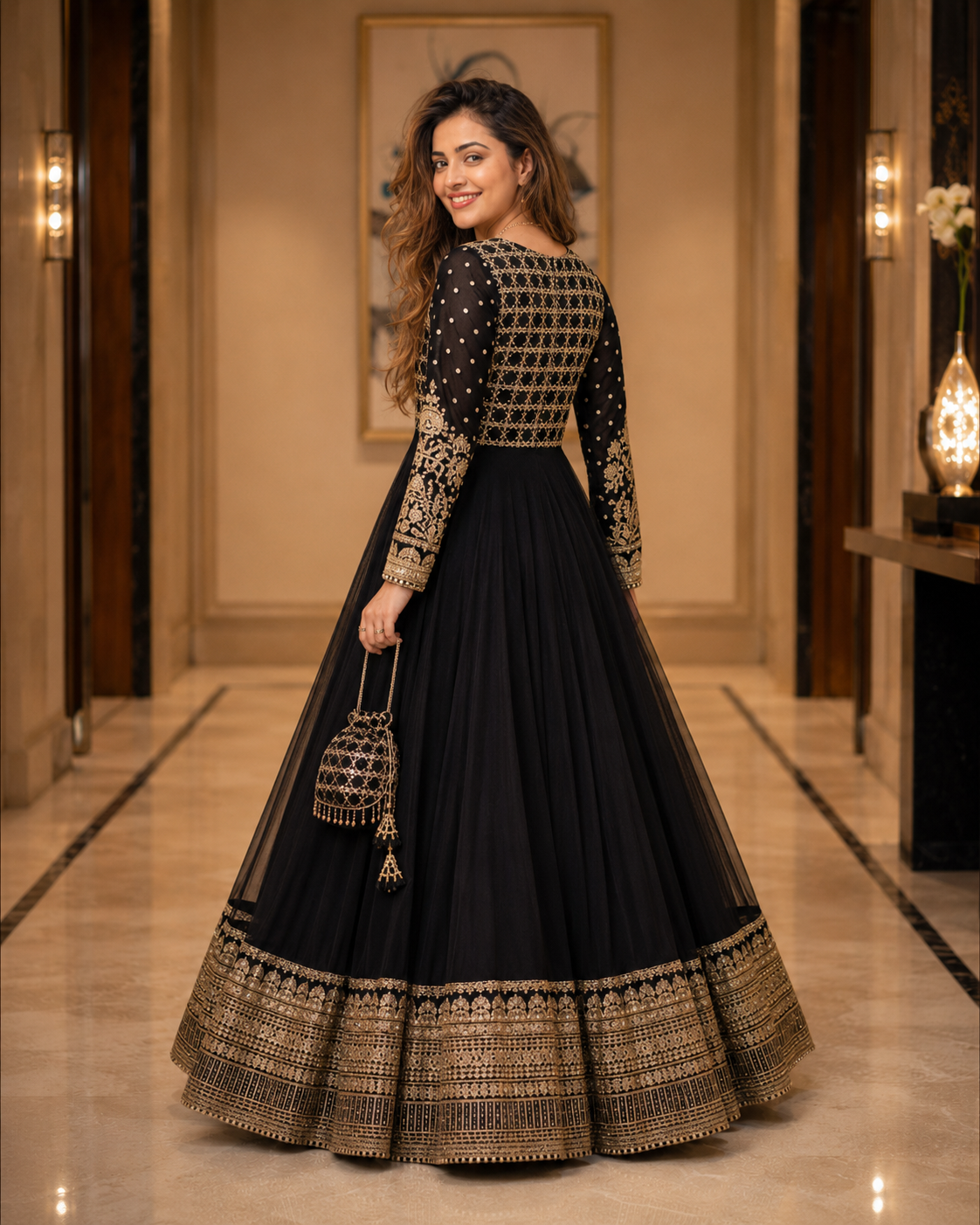 Siyah-e-Zar Black Embroidered Chiffon Flared Frock with Dupatta & Potli Bag