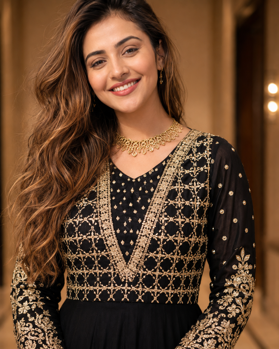 Siyah-e-Zar Black Embroidered Chiffon Flared Frock with Dupatta & Potli Bag