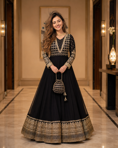 Siyah-e-Zar Black Embroidered Chiffon Flared Frock with Dupatta & Potli Bag