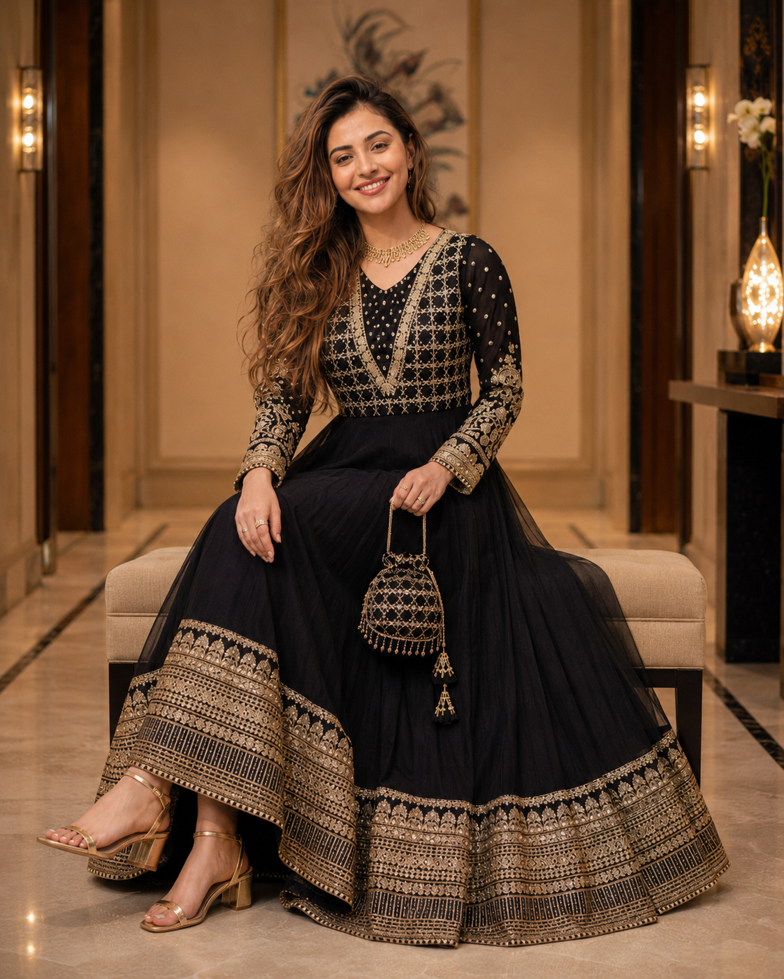 Siyah-e-Zar Black Embroidered Chiffon Flared Frock with Dupatta & Potli Bag