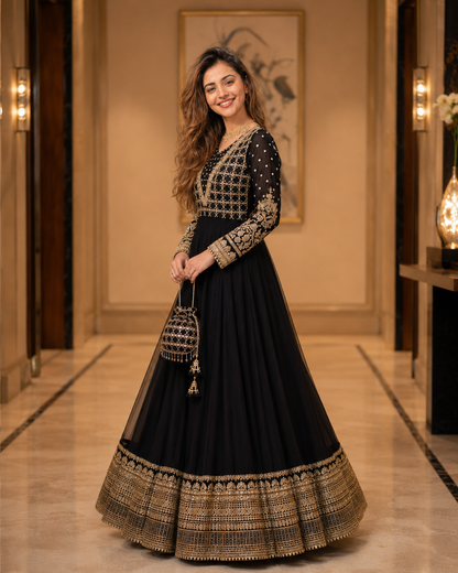 Siyah-e-Zar Black Embroidered Chiffon Flared Frock with Dupatta & Potli Bag