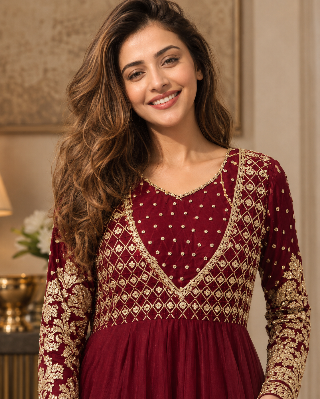 Gulnaar-e-Zar Maroon Embroidered Chiffon Flared Frock with Dupatta & Potli Bag