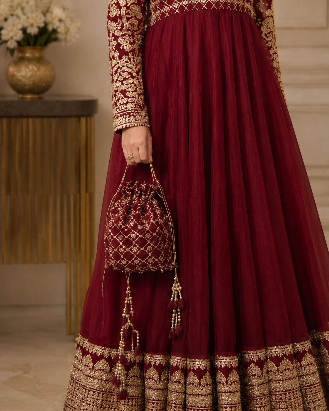 Gulnaar-e-Zar Maroon Embroidered Chiffon Flared Frock with Dupatta & Potli Bag