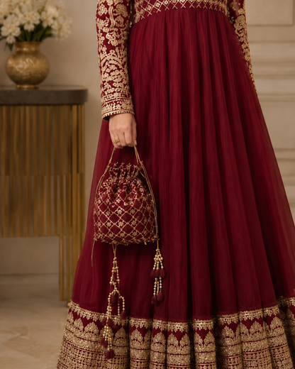 Gulnaar-e-Zar Maroon Embroidered Chiffon Flared Frock with Dupatta & Potli Bag