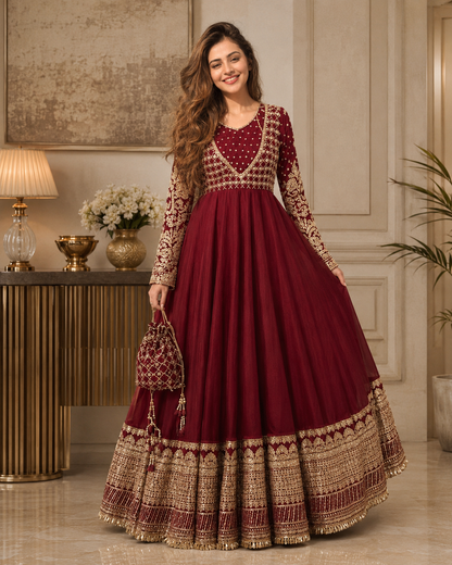 Gulnaar-e-Zar Maroon Embroidered Chiffon Flared Frock with Dupatta & Potli Bag