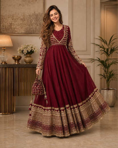 Gulnaar-e-Zar Maroon Embroidered Chiffon Flared Frock with Dupatta & Potli Bag