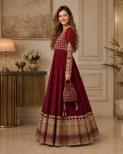 Gulnaar-e-Zar Maroon Embroidered Chiffon Flared Frock with Dupatta & Potli Bag