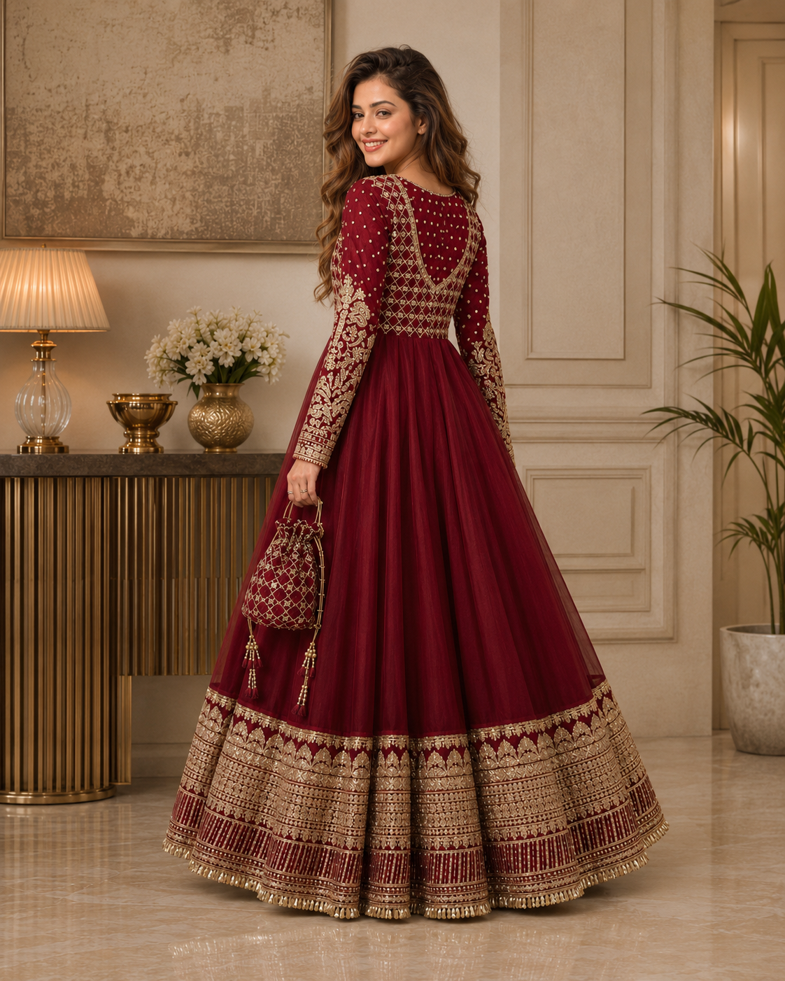 Gulnaar-e-Zar Maroon Embroidered Chiffon Flared Frock with Dupatta & Potli Bag
