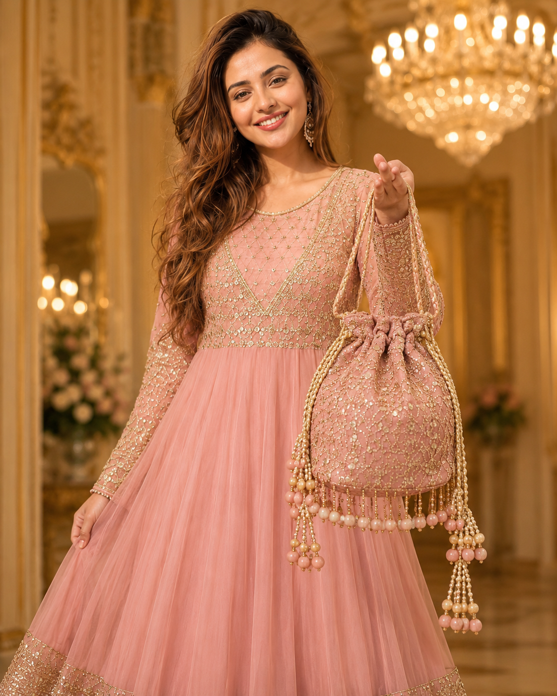 Gul-e-Rooh Blush Pink Embroidered Chiffon Flared Frock with Dupatta & Potli Bag