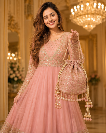 Gul-e-Rooh Blush Pink Embroidered Chiffon Flared Frock with Dupatta & Potli Bag
