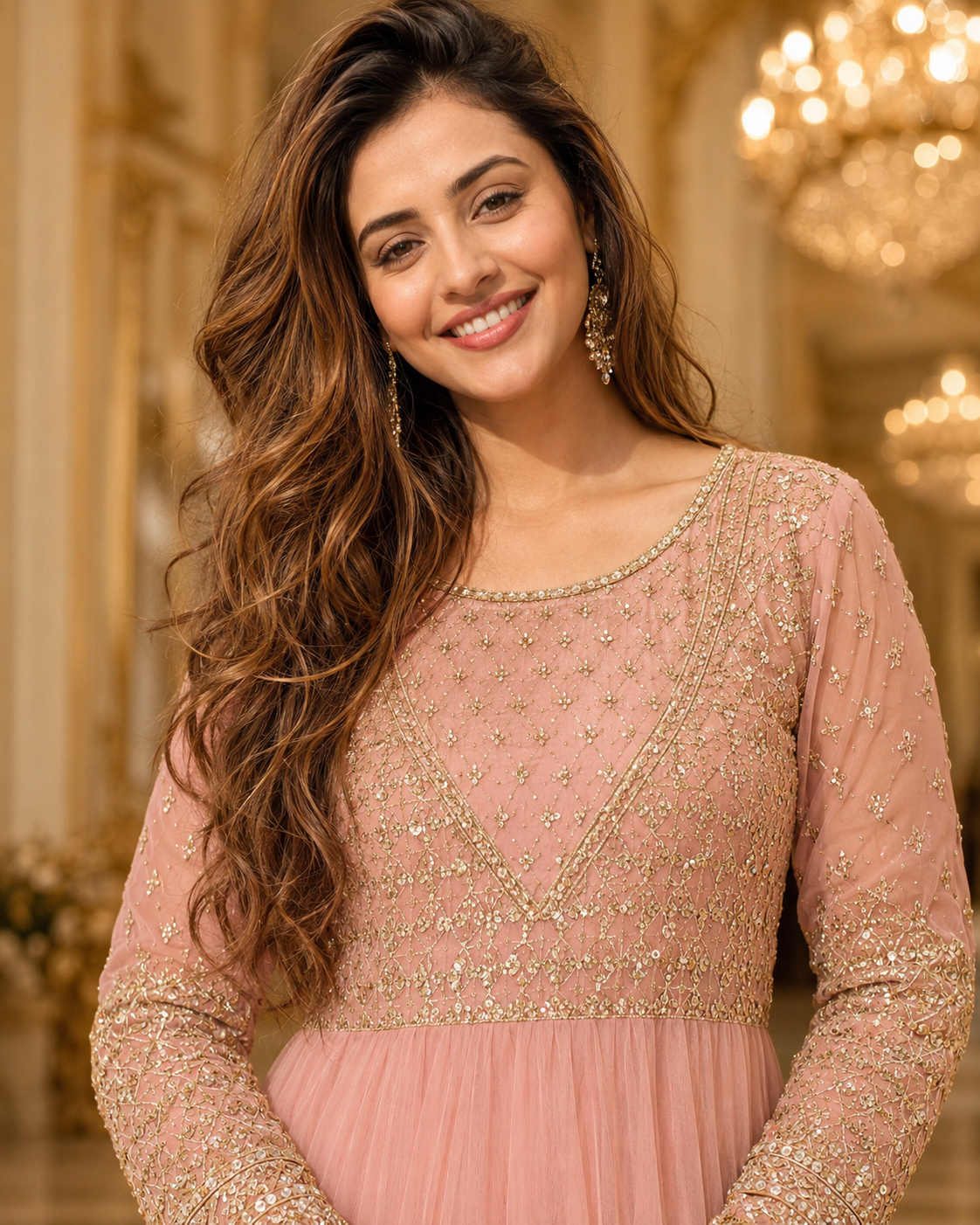 Gul-e-Rooh Blush Pink Embroidered Chiffon Flared Frock with Dupatta & Potli Bag