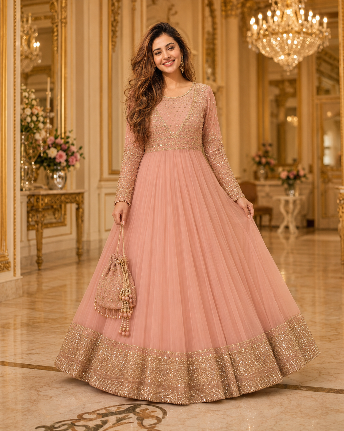 Gul-e-Rooh Blush Pink Embroidered Chiffon Flared Frock with Dupatta & Potli Bag