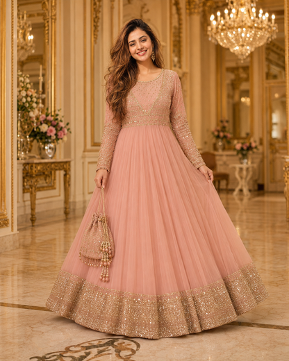 Gul-e-Rooh Blush Pink Embroidered Chiffon Flared Frock with Dupatta & Potli Bag