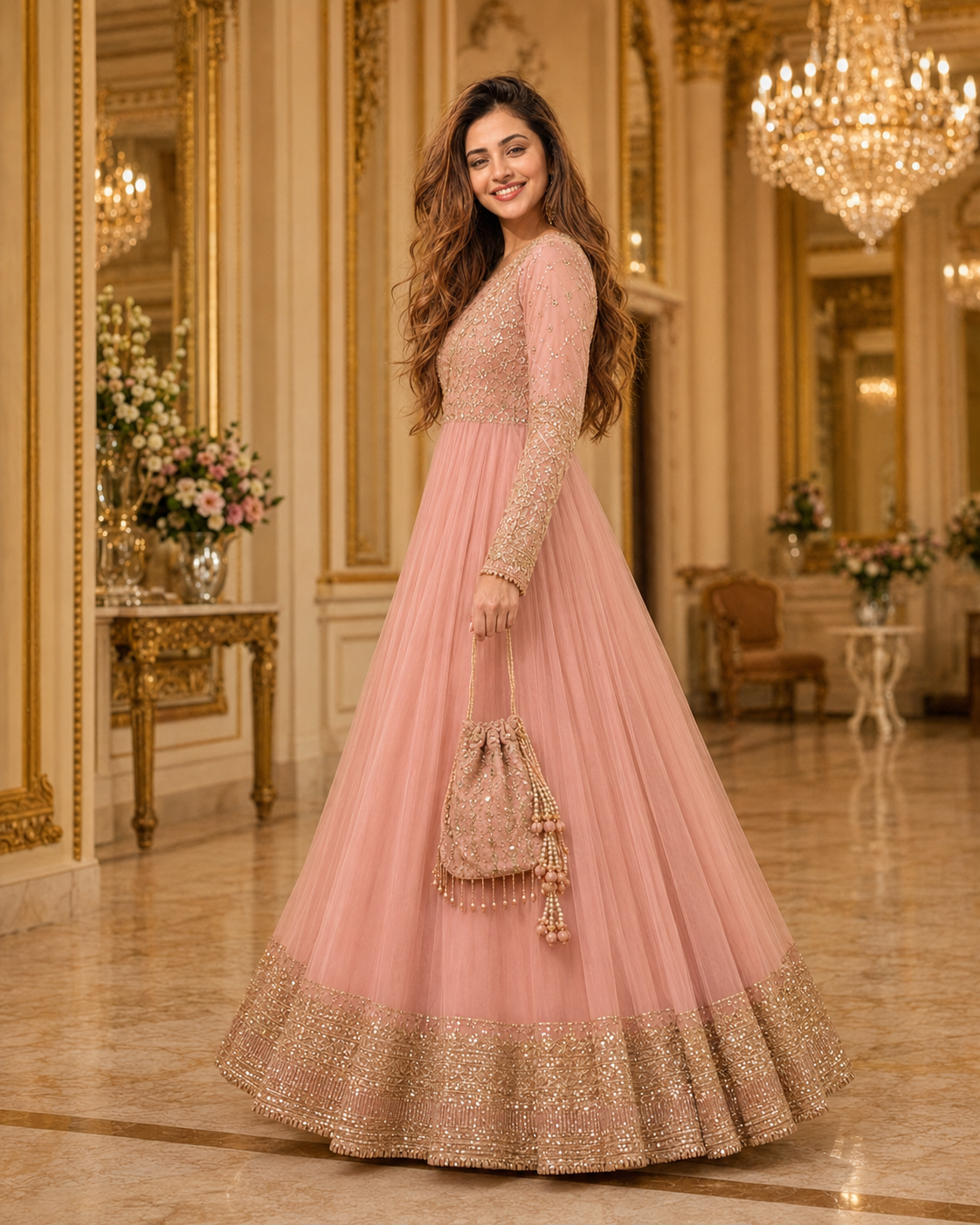 Gul-e-Rooh Blush Pink Embroidered Chiffon Flared Frock with Dupatta & Potli Bag