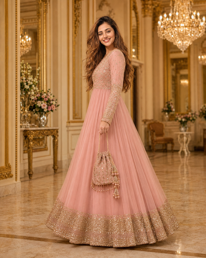 Gul-e-Rooh Blush Pink Embroidered Chiffon Flared Frock with Dupatta & Potli Bag
