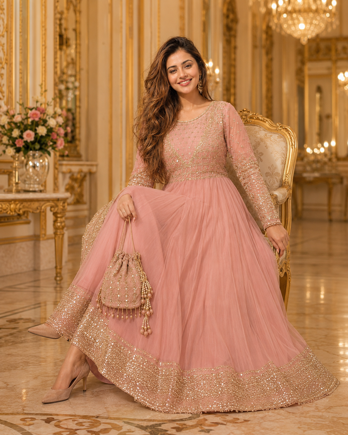 Gul-e-Rooh Blush Pink Embroidered Chiffon Flared Frock with Dupatta & Potli Bag