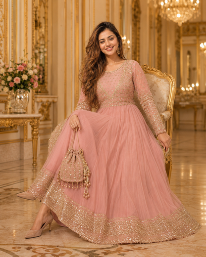 Gul-e-Rooh Blush Pink Embroidered Chiffon Flared Frock with Dupatta & Potli Bag