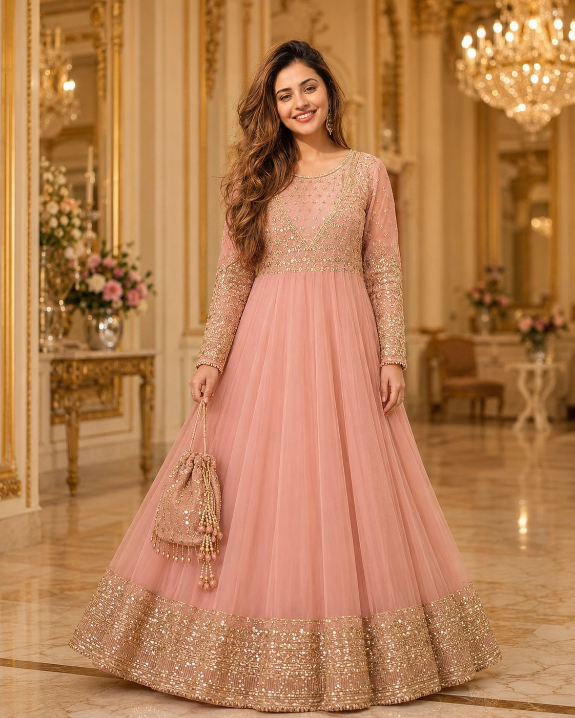 Gul-e-Rooh Blush Pink Embroidered Chiffon Flared Frock with Dupatta & Potli Bag