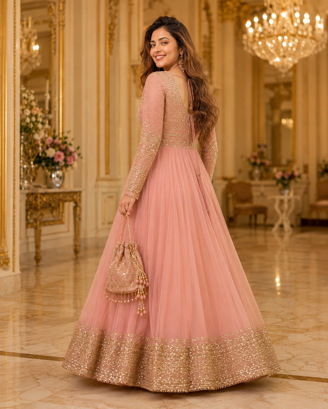 Gul-e-Rooh Blush Pink Embroidered Chiffon Flared Frock with Dupatta & Potli Bag