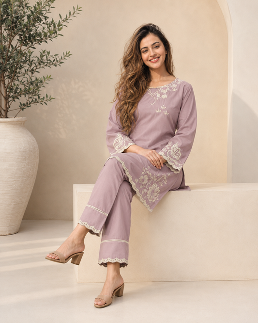 Everyday Luxe Embroidered Cotton 2 Piece Co-ord Set for Women
