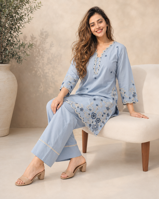 Everyday Luxe Embroidered Cotton 2 Piece Co-ord Set for Women