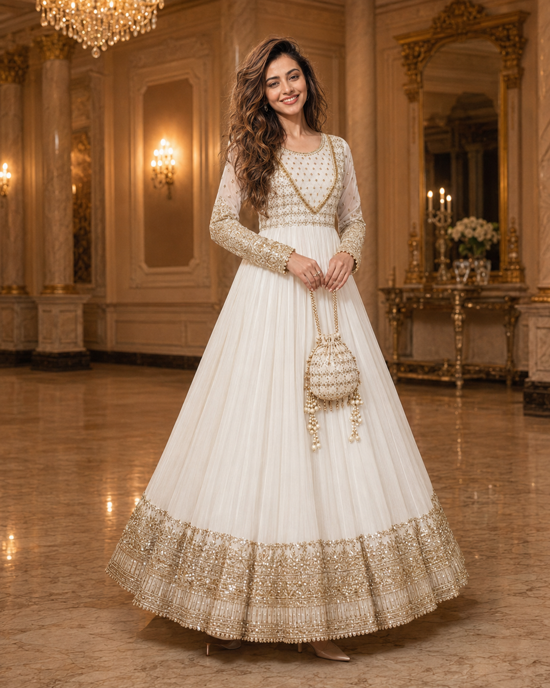 Mah-e-Noor Embroidered Chiffon Flared Frock with Dupatta & Potli Bag