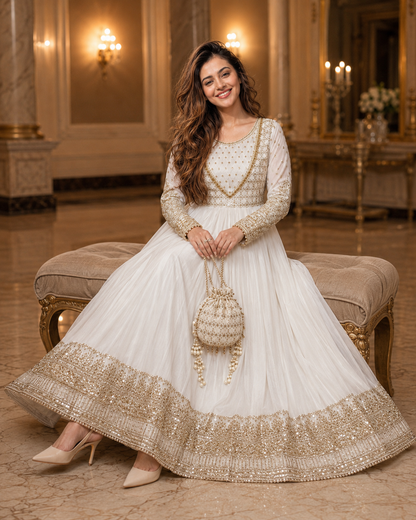 Mah-e-Noor Embroidered Chiffon Flared Frock with Dupatta & Potli Bag