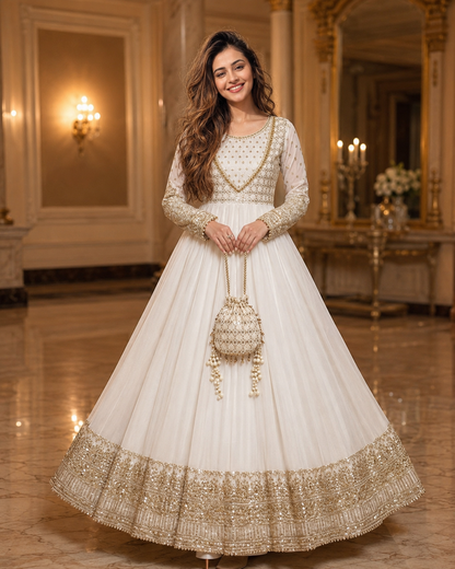 Mah-e-Noor Embroidered Chiffon Flared Frock with Dupatta & Potli Bag