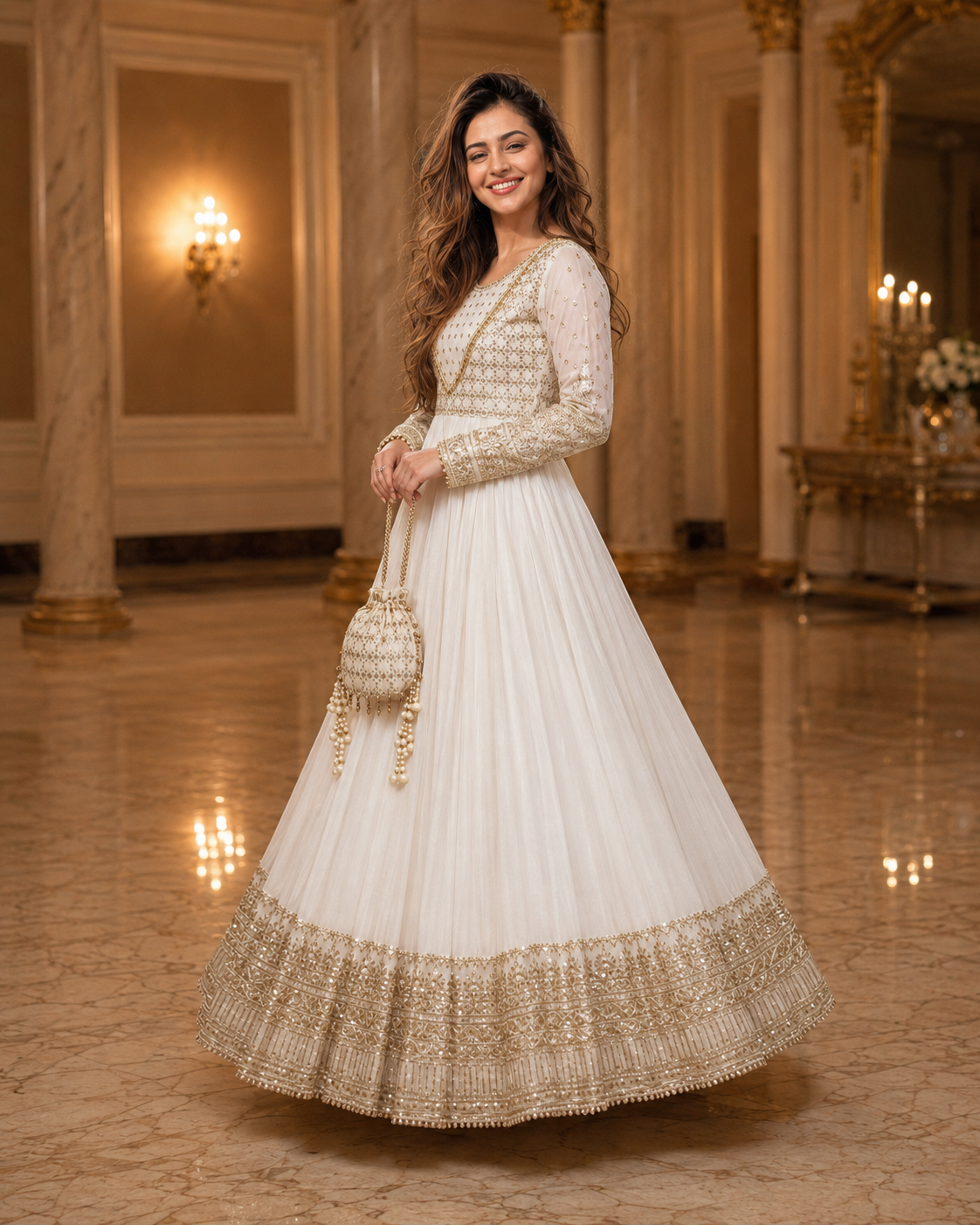 Mah-e-Noor Embroidered Chiffon Flared Frock with Dupatta & Potli Bag