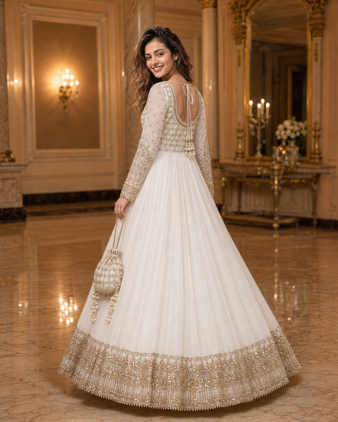 Mah-e-Noor Embroidered Chiffon Flared Frock with Dupatta & Potli Bag