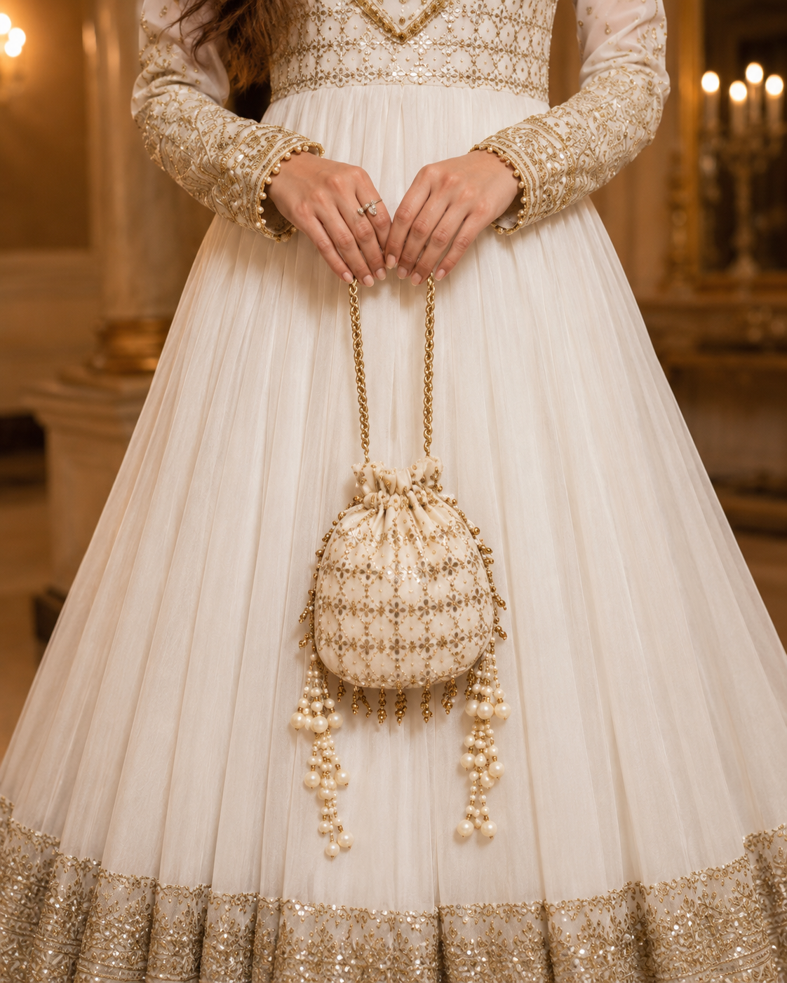 Mah-e-Noor Embroidered Chiffon Flared Frock with Dupatta & Potli Bag