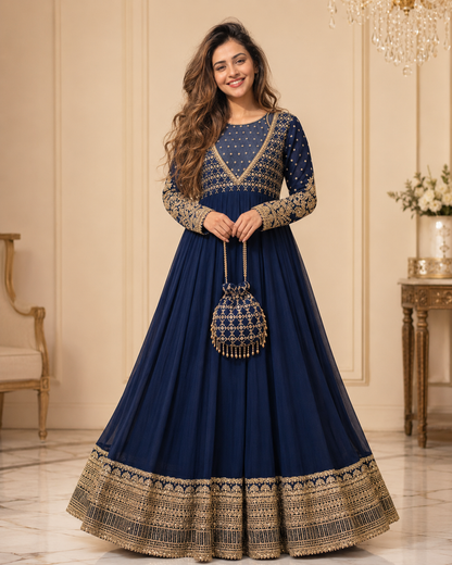 Neelam-e-Zar Navy Blue Embroidered Chiffon Flared Frock with Dupatta & Potli Bag