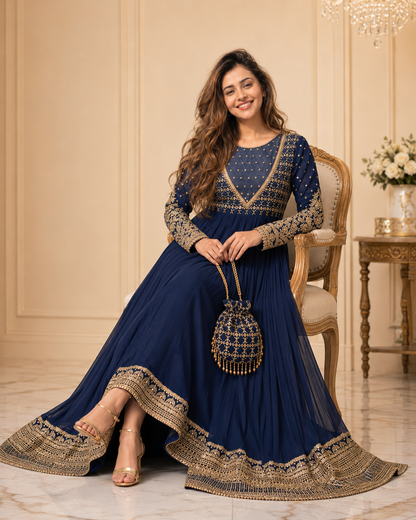 Neelam-e-Zar Navy Blue Embroidered Chiffon Flared Frock with Dupatta & Potli Bag