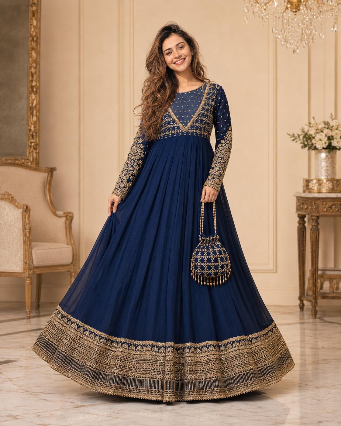 Neelam-e-Zar Navy Blue Embroidered Chiffon Flared Frock with Dupatta & Potli Bag