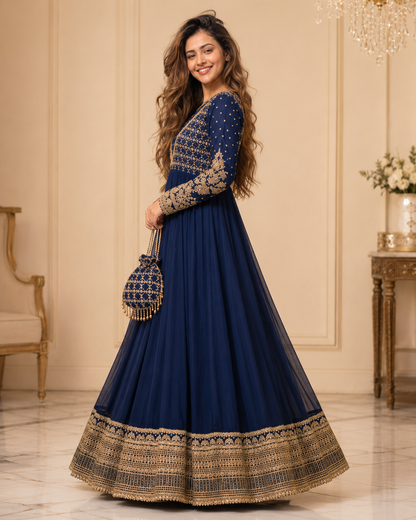 Neelam-e-Zar Navy Blue Embroidered Chiffon Flared Frock with Dupatta & Potli Bag