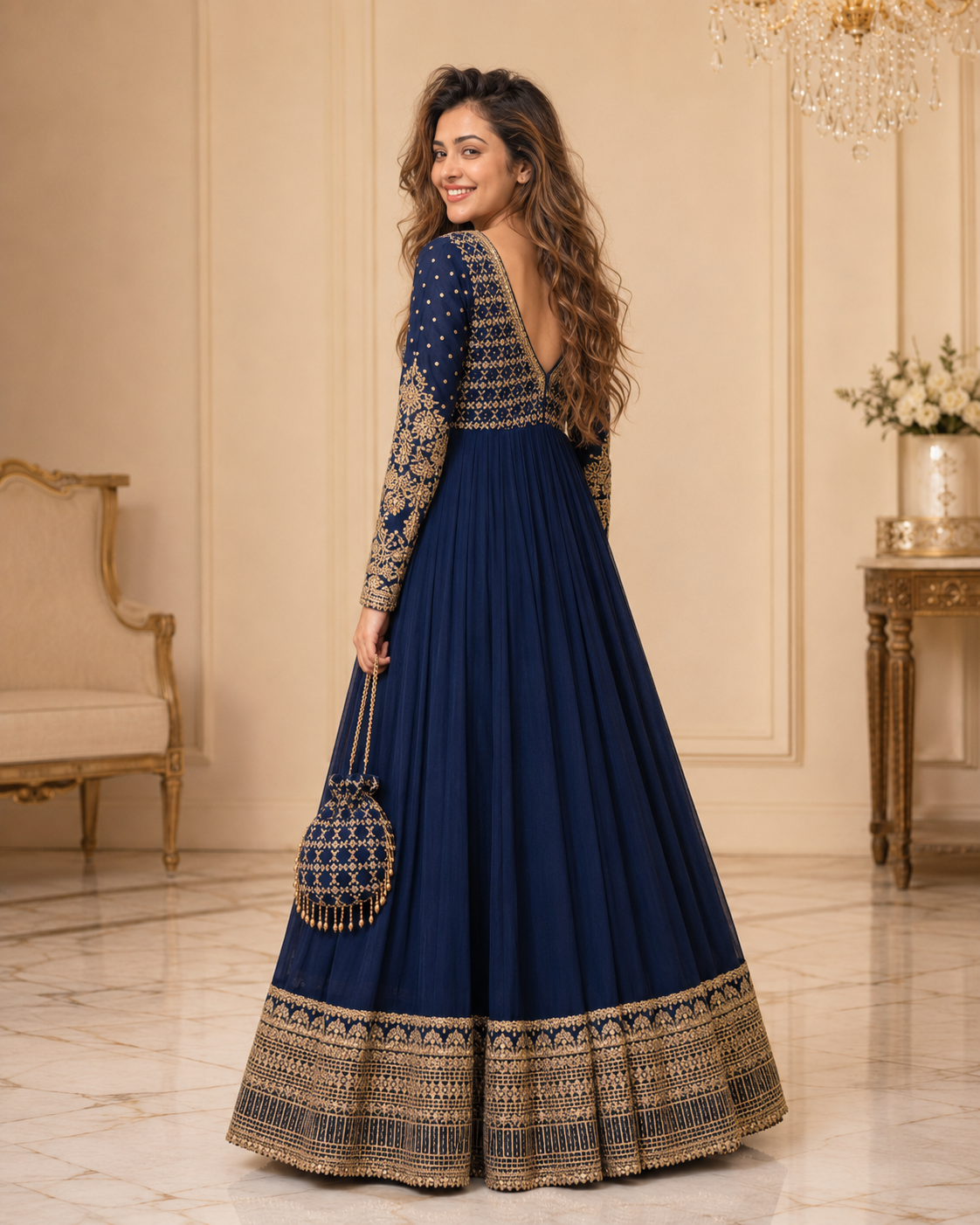 Neelam-e-Zar Navy Blue Embroidered Chiffon Flared Frock with Dupatta & Potli Bag