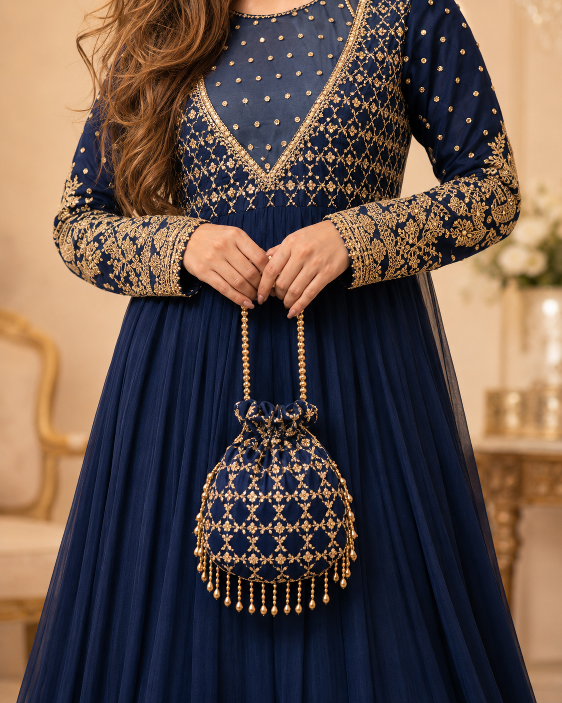 Neelam-e-Zar Navy Blue Embroidered Chiffon Flared Frock with Dupatta & Potli Bag