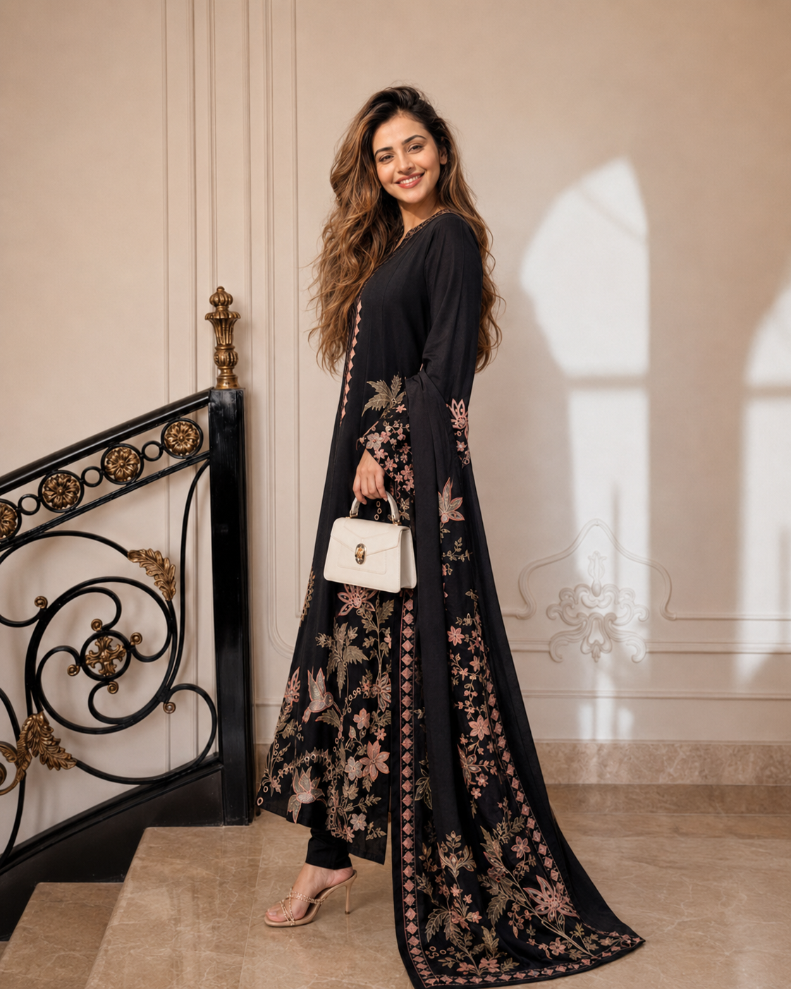 Elara Long Kaftan Embroidered Silk  3 Piece Set
