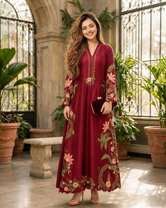 Elara Long Kaftan Embroidered Silk  3 Piece Set