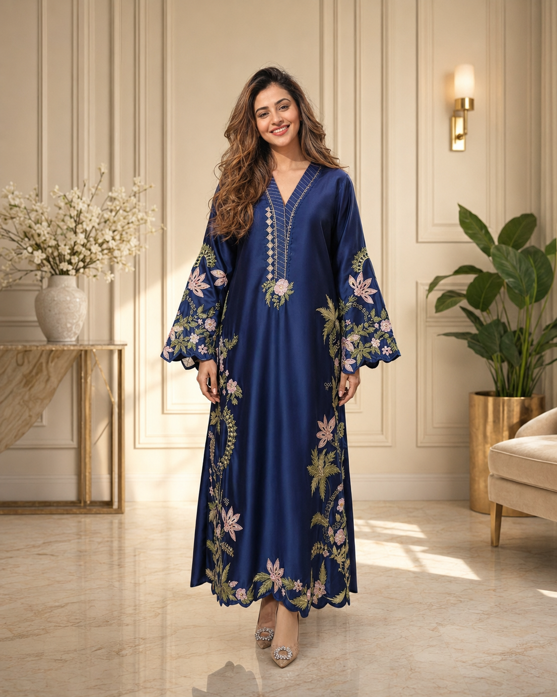 Elara Long Kaftan Embroidered Silk  3 Piece Set